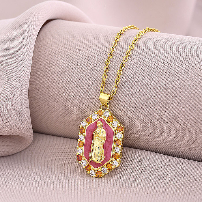 Retro Portrait Hexagon Copper Enamel Inlay Zircon Pendant Necklace