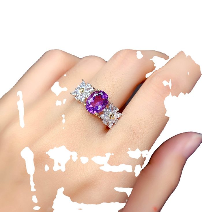 Luxurious Oval Flower Copper Artificial Crystal Open Ring In Bulk