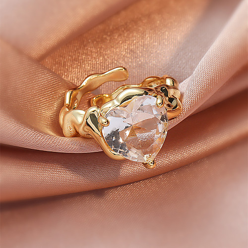 Fashion Female Simple Inlaid Zircon Heart-Shaped Copper Ring
