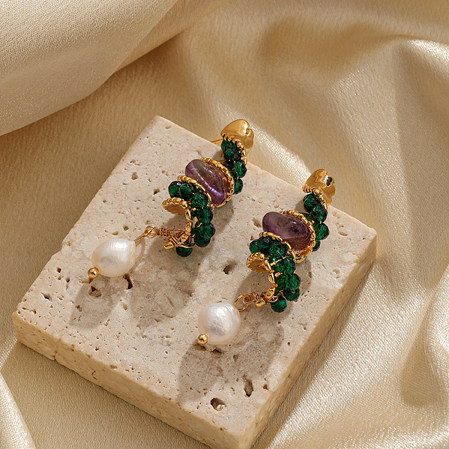 1 Paar elegante, glänzende „The Answer“-Tropfenohrringe mit Perlenbeschichtung und Kupferkristall-Inlay, 18 Karat vergoldet