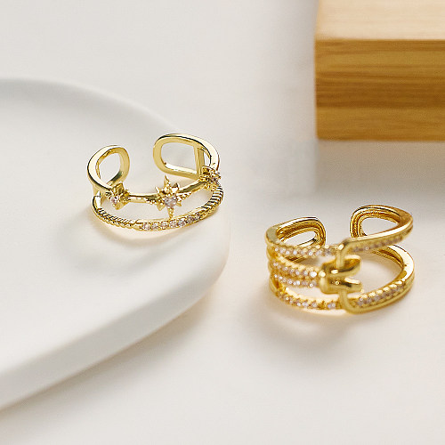 Atacado estilo simples coelho de aço inoxidável oco incrustado anéis de zircão banhados a ouro