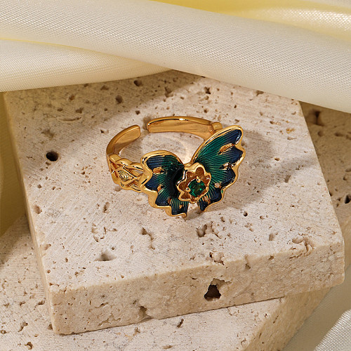 Retro Butterfly Copper Plating Inlay Zircon 18K Gold Plated Open Rings