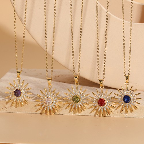 Classic Style Shiny Sun Copper Plating Inlay Zircon 14K Gold Plated Pendant Necklace