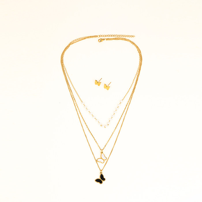 IG Style élégant style moderne papillon en acier inoxydable plaqué or 18 carats boucles d'oreilles collier