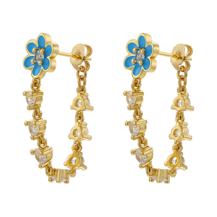 1 Paar süße Blumen-Ohrringe mit Kupfer-Email-Beschichtung und Zirkon-Inlay, 18 Karat vergoldet