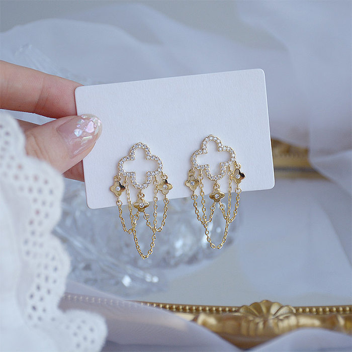 1 Pair Retro Sweet Four Leaf Clover Tassel Plating Inlay Copper Zircon Gold Plated Drop Earrings