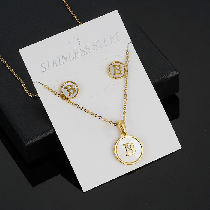 Simple Style Round Letter Stainless Steel Gold Plated Shell Earrings Necklace 3 Piece Set