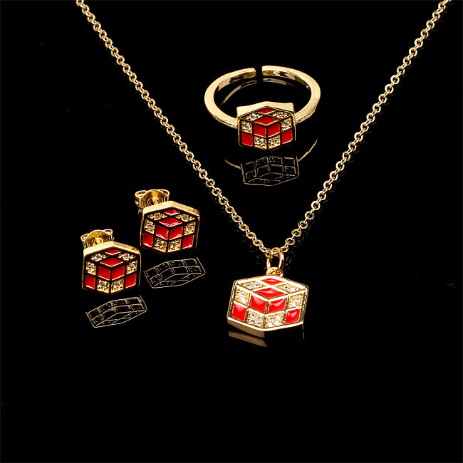 Simple Style Rubik'S Cube Copper Enamel Plating Inlay Zircon 18K Gold Plated Rings Earrings Necklace