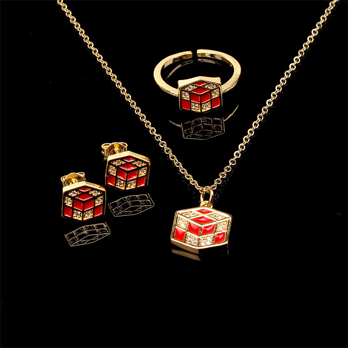 Estilo Simple Cubo de Rubik Esmalte de Cobre Incrustación Zircon Chapado en Oro 18K Anillos Pendientes Collar