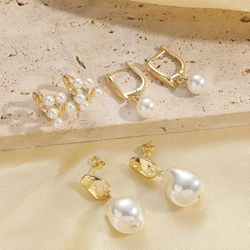 Boucles d'oreilles pendantes en forme de U, Style Simple, feuilles, perles d'eau douce, cuivre, placage asymétrique, incrustation de perles, plaqué or 1K, 14 paire