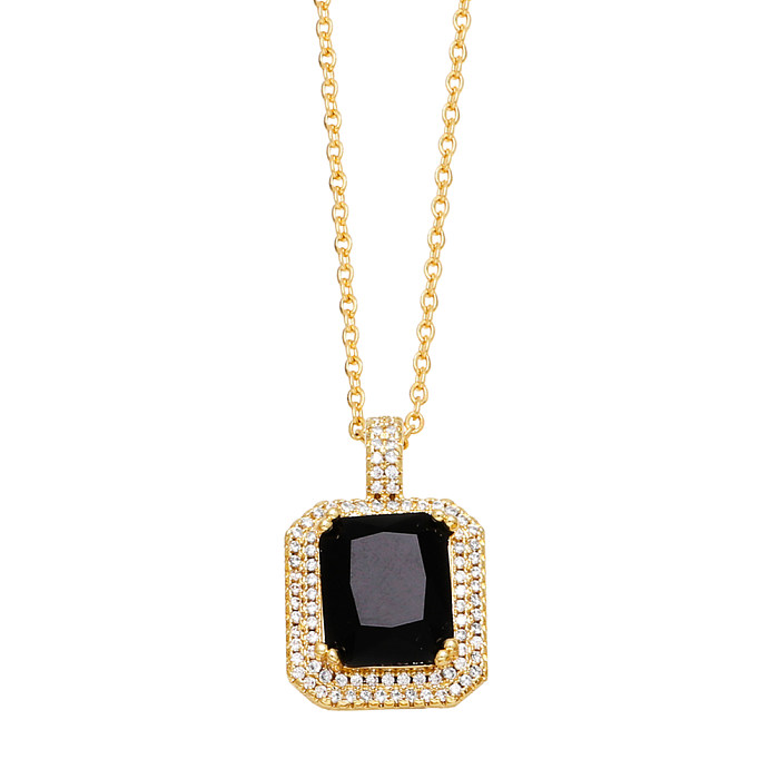 INS Style Square Copper Plating Inlay Zircon 18K Gold Plated Pendant Necklace