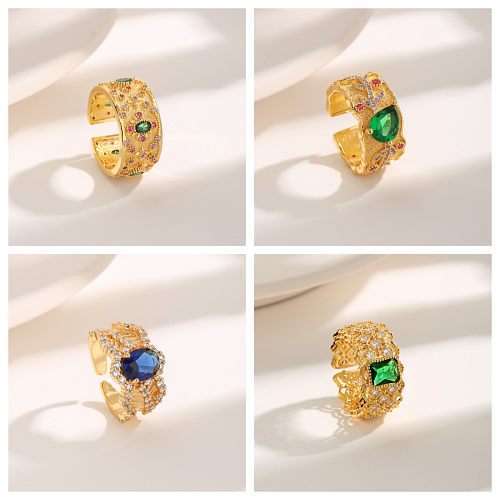 Luxurious French Style Leaves Water Droplets Copper Plating Ruched Inlay Zircon 18K Gold Plated Open Rings