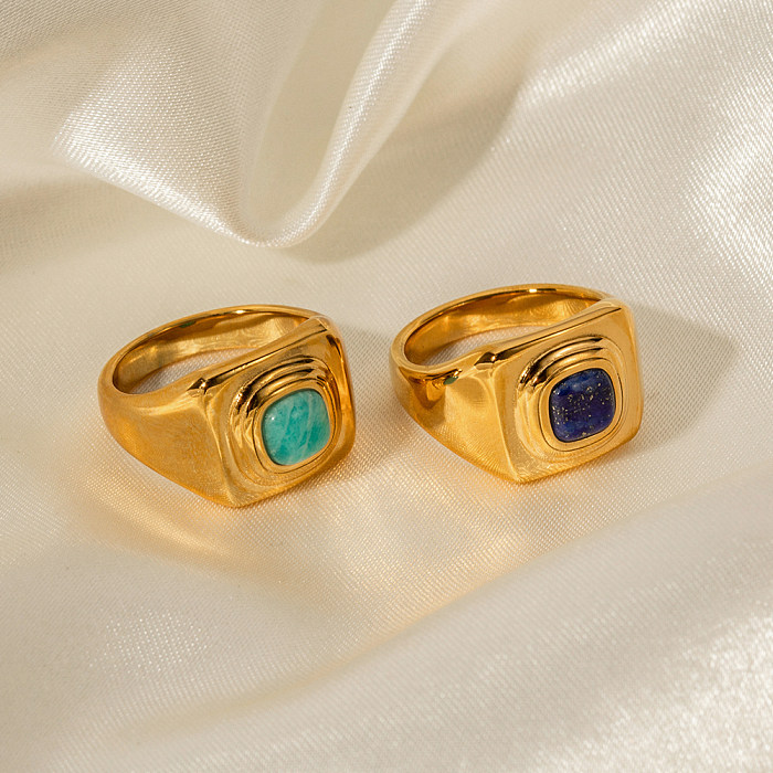 Luxurious Square Stainless Steel Plating Inlay Artificial Gemstones 18K Gold Plated Rings