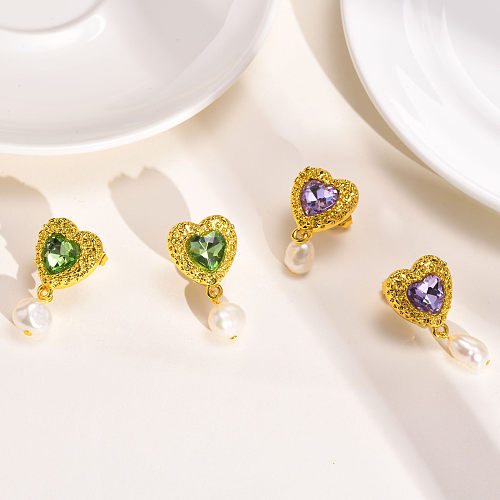 1 Pair Elegant Sweet Heart Shape Plating Inlay Brass Zircon Gold Plated Drop Earrings