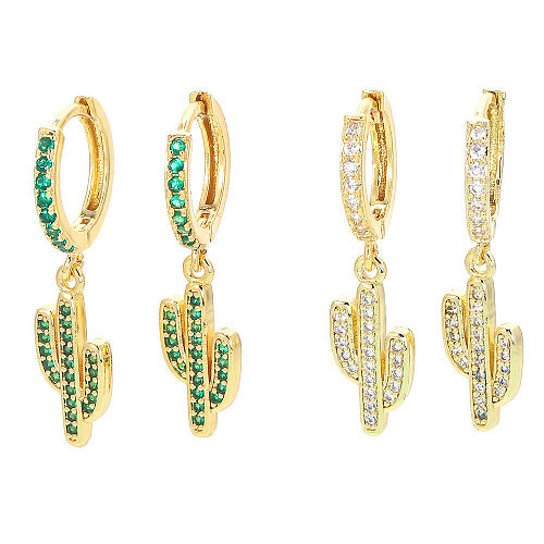 Boucles d'oreilles longues simples en forme de cactus en zircon vert incrusté