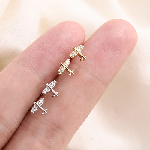 Simple Style Airplane Copper Inlay Zircon Ear Studs 1 Pair