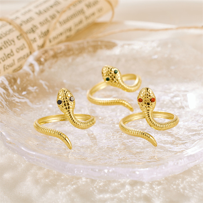 Estilo vintage cobra chapeamento de aço inoxidável zircão anéis abertos banhados a ouro 18K