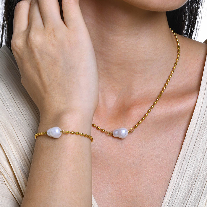 Casual Elegant Classic Style Pearl Stainless Steel Plating 18K Gold Plated Bracelets Necklace