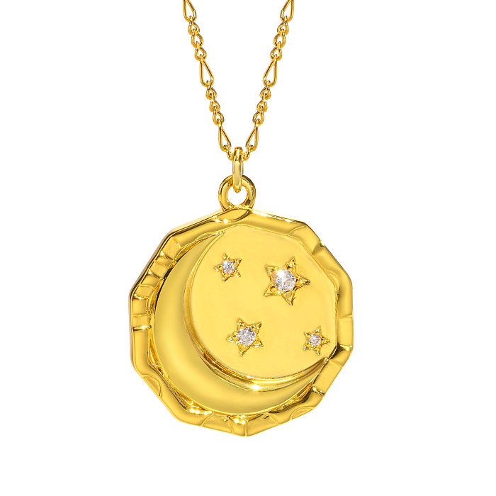 Casual Streetwear Round Star Copper Plating Inlay Zircon Gold Plated Pendant Necklace