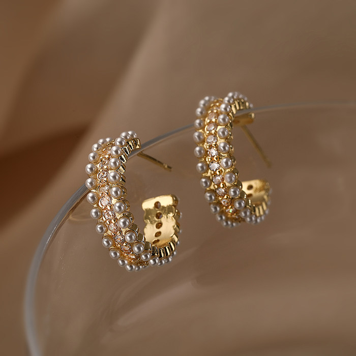 1 Pair Simple Style Commute Geometric Plating Inlay Copper Artificial Pearls Zircon 18K Gold Plated Earrings