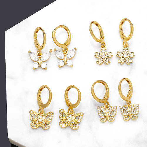 1 paire de boucles d'oreilles pendantes, Style Simple et doux, fleur et papillon, incrustation de cuivre et de Zircon plaqué or 18 carats