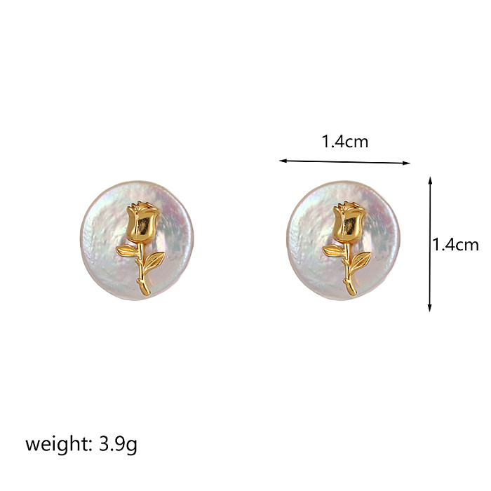 1 Pair Retro Flower Plating Metal Inlay Copper Freshwater Pearl Agate 18K Gold Plated Drop Earrings