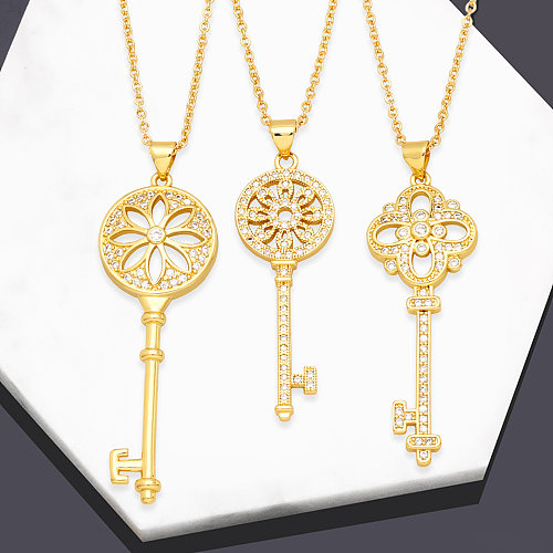 Fashion Flower Key Copper Gold Plated Zircon Pendant Necklace 1 Piece