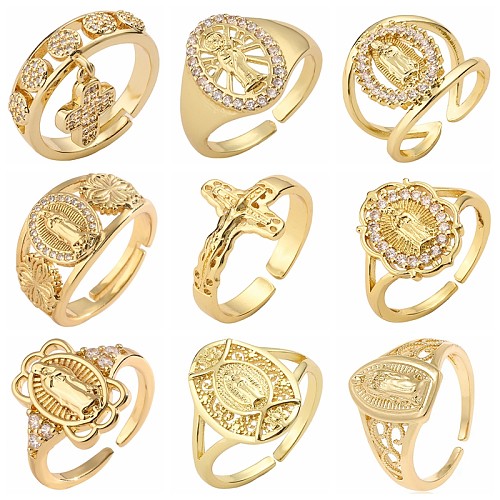 Anéis abertos banhados a ouro de zircão com chapeamento de cobre com letras cruzadas retrô