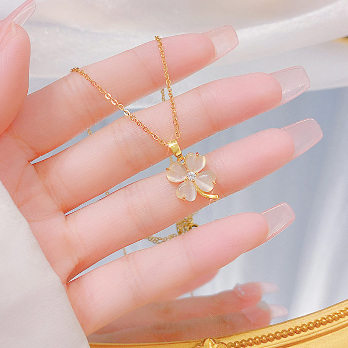 Artistic Four Leaf Clover Stainless Steel Brass Plating Inlay Opal Zircon 18K Gold Plated Gold Plated Pendant Necklace