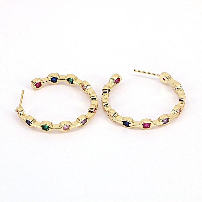 Simple C-Shaped Circle Copper Gold-Plated Color Zircon Earrings