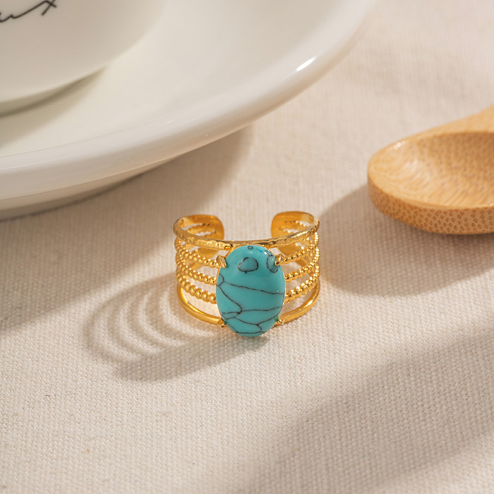 IG Style Lässige ovale offene Ringe mit Edelstahlbeschichtung und türkisfarbener 18-Karat-Vergoldung