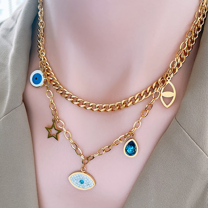Vintage Style Devil'S Eye Star Water Droplets Titanium Steel Inlay Rhinestones Women'S Bracelets Earrings Necklace