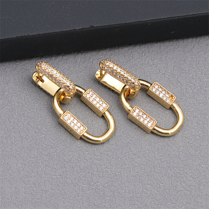 1 paire de boucles d'oreilles élégantes en bloc de couleur, incrustation de cuivre et de Zircon plaqué or