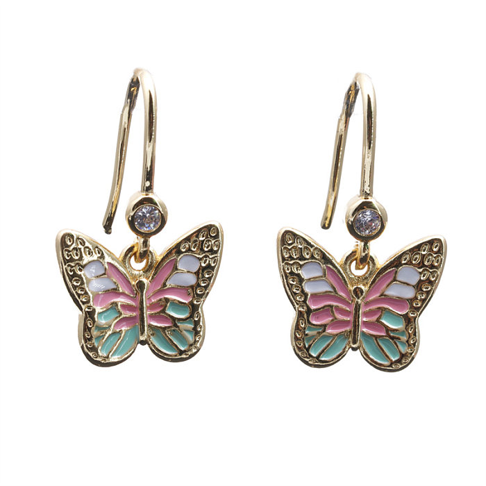 1 Pair Elegant Lady Classic Style Butterfly Enamel Inlay Copper Zircon Gold Plated Drop Earrings