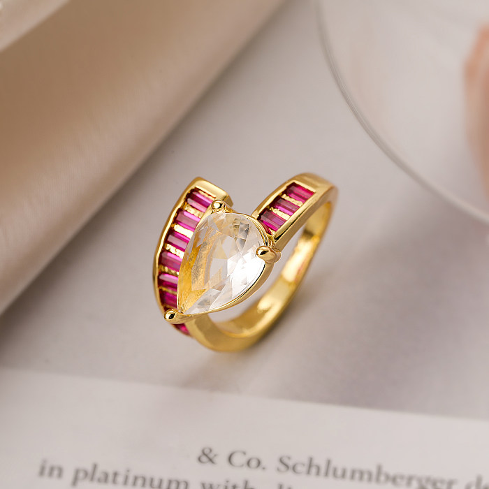 Simple Style Commute Geometric Water Droplets Copper Plating Inlay Zircon 18K Gold Plated Open Rings