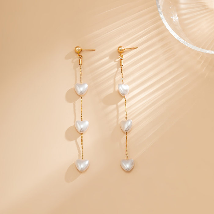 1 Pair Elegant Simple Style Heart Shape Copper Tassel Plating Inlay Artificial Pearls Drop Earrings
