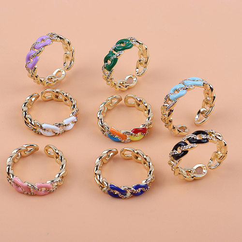Casual Simple Style Chain Copper Enamel Plating Inlay Zircon Gold Plated Open Ring