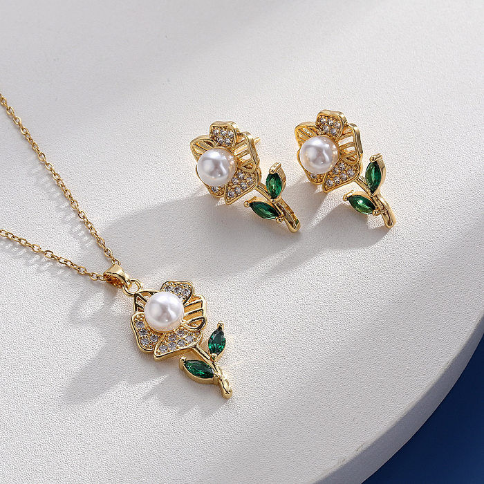 Einfache Art-Blumen-Kupfer-Beschichtung-Inlay-künstliche Perlen-Zirkon-Ohrring-Halskette