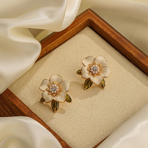 1 Pair Sweet Flower Painted Enamel Inlay Copper Artificial Pearls Zircon Ear Studs