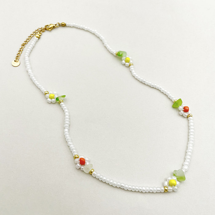 Simple Style Flower Stainless Steel Beaded Plating Gold Plated Bracelets Necklace
