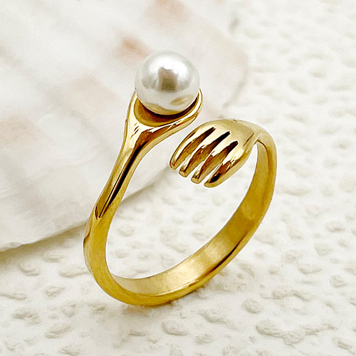 Simple Style Commute Solid Color Stainless Steel Plating Inlay Artificial Pearls Gold Plated Rings