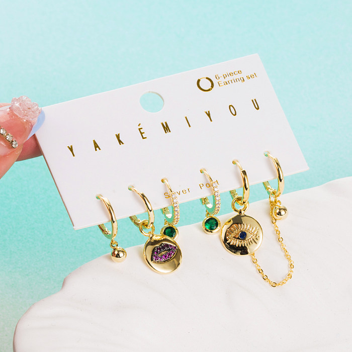 1 Set Yakemiyou Elegant Water Droplets Heart Shape Eye Asymmetrical Enamel Chain Copper Turquoise Zircon 14K Gold Plated Drop Earrings