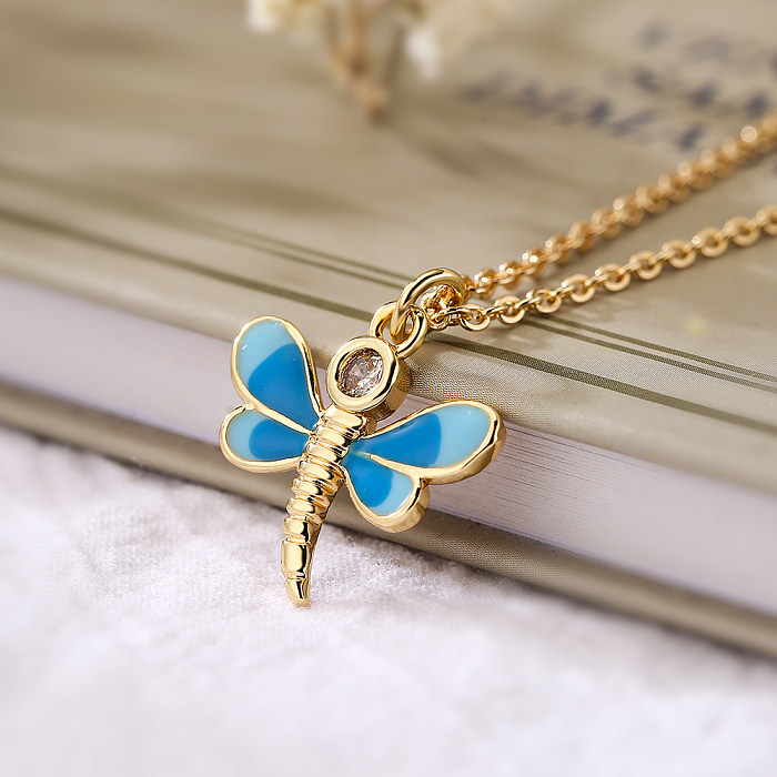 Modern Style Dragonfly Copper Enamel Plating Inlay Zircon 18K Gold Plated Pendant Necklace