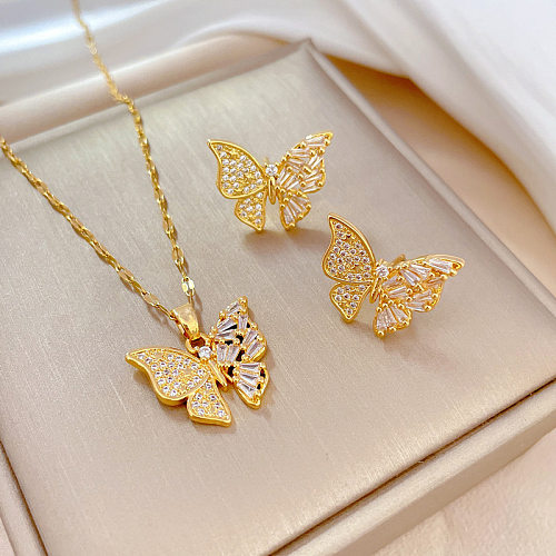 Süße Schmetterlings-Titanstahl-Kupfer-Inlay-Zirkon-Ohrring-Halskette