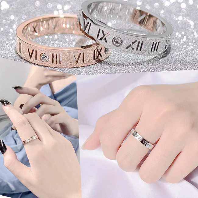 Casual Simple Style Number Titanium Steel Plating Hollow Out Inlay Zircon Rings