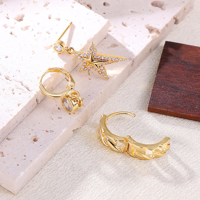 3 Pieces Set Elegant Streetwear Round Star Inlay Copper Zircon Ear Studs
