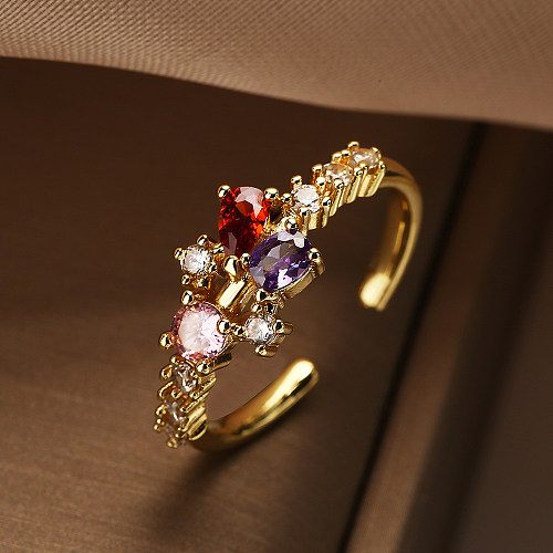 Retro Geometric Copper Plating Inlay Zircon 18K Gold Plated Open Rings