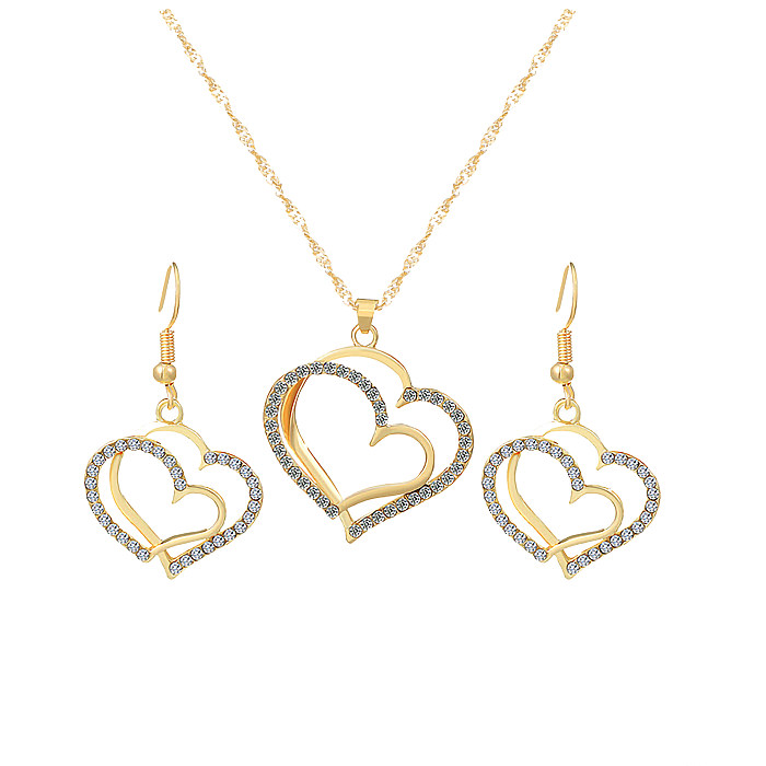 Elegant Sweet Heart Shape Copper Plating Inlay Zircon 18K Gold Plated Earrings Necklace