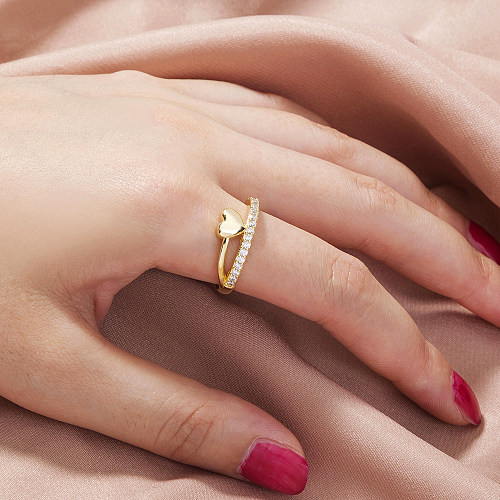 1 peça estilo simples forma de coração chapeamento de cobre incrustação zircão banhado a ouro anel aberto