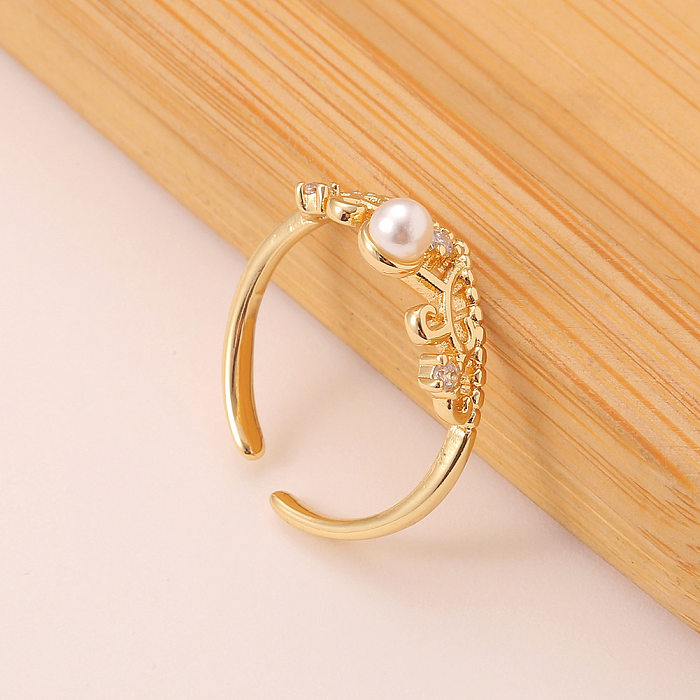 Simple Women's Crown Copper Jewelry Cute Pearl Diamond Open Ring